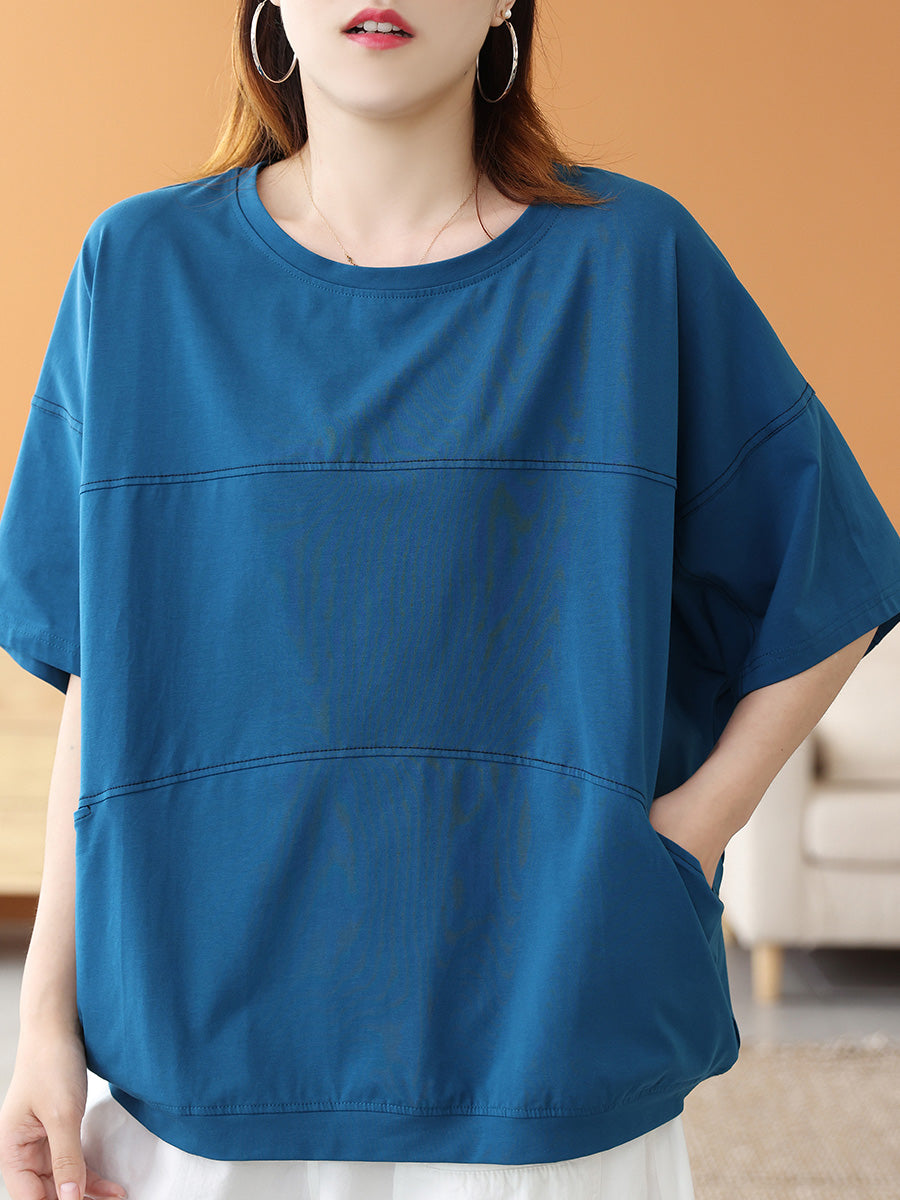 Women Summer Casual Cotton Pure Color Spliced O-Neck Shirt