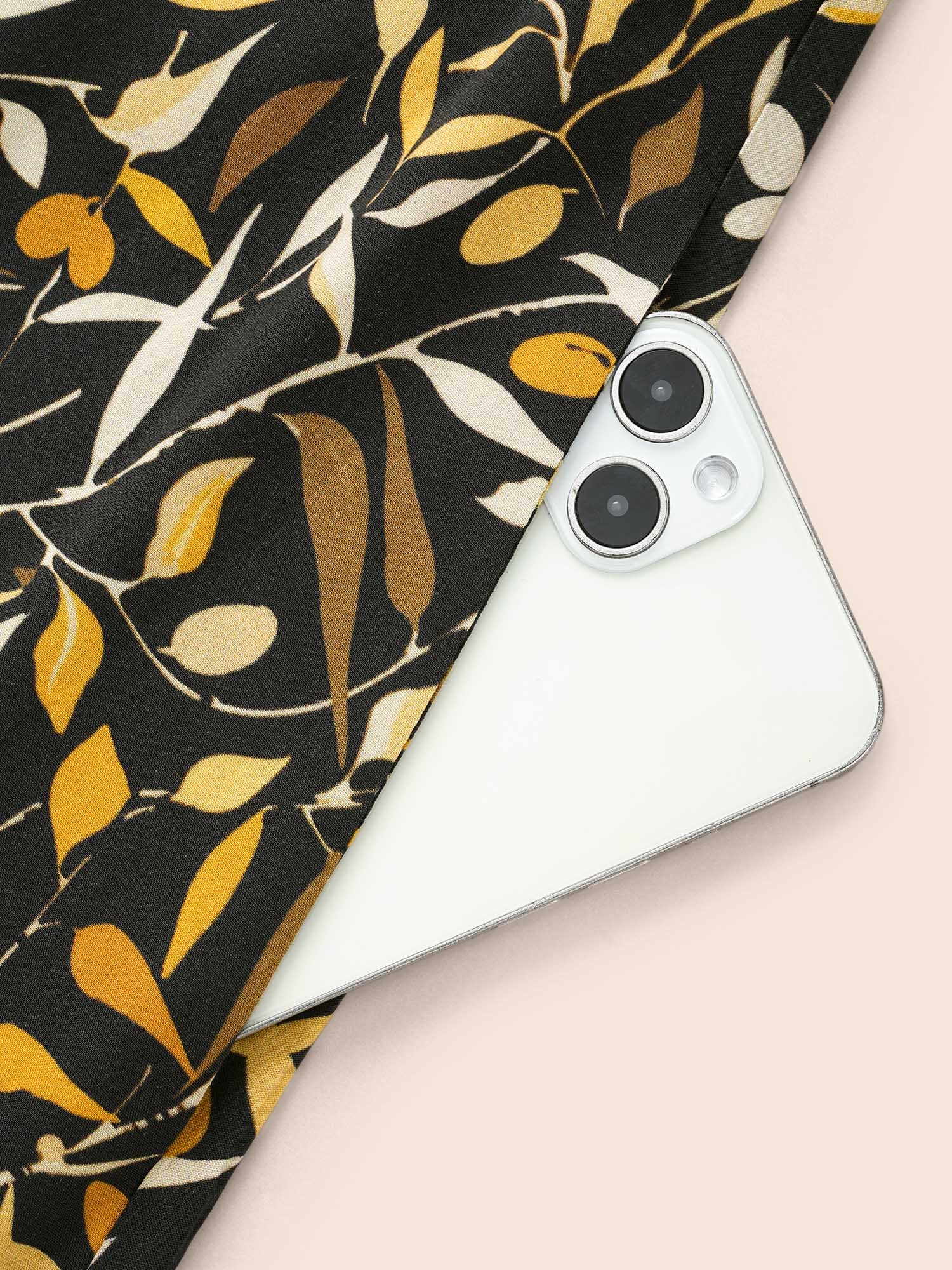 Plants Print Overlap Collar Midi Dress