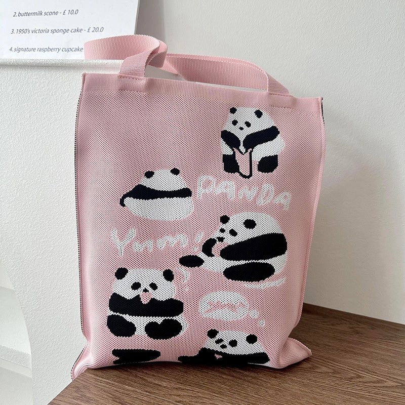 Niche Design Cute Panda Knitted Shoulder Bag Women's Versatile Large Capacity Shopping Commuter Tote Bag Women's Bag