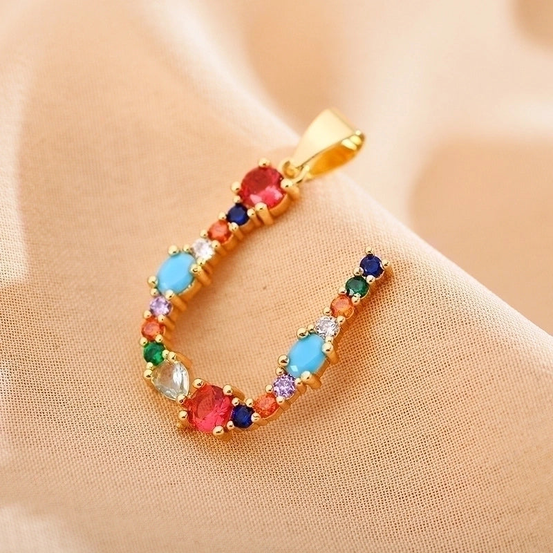 Copper Gold Plated Modern Style Shiny Inlay Letter Glass Stone Zircon Pendant Necklace