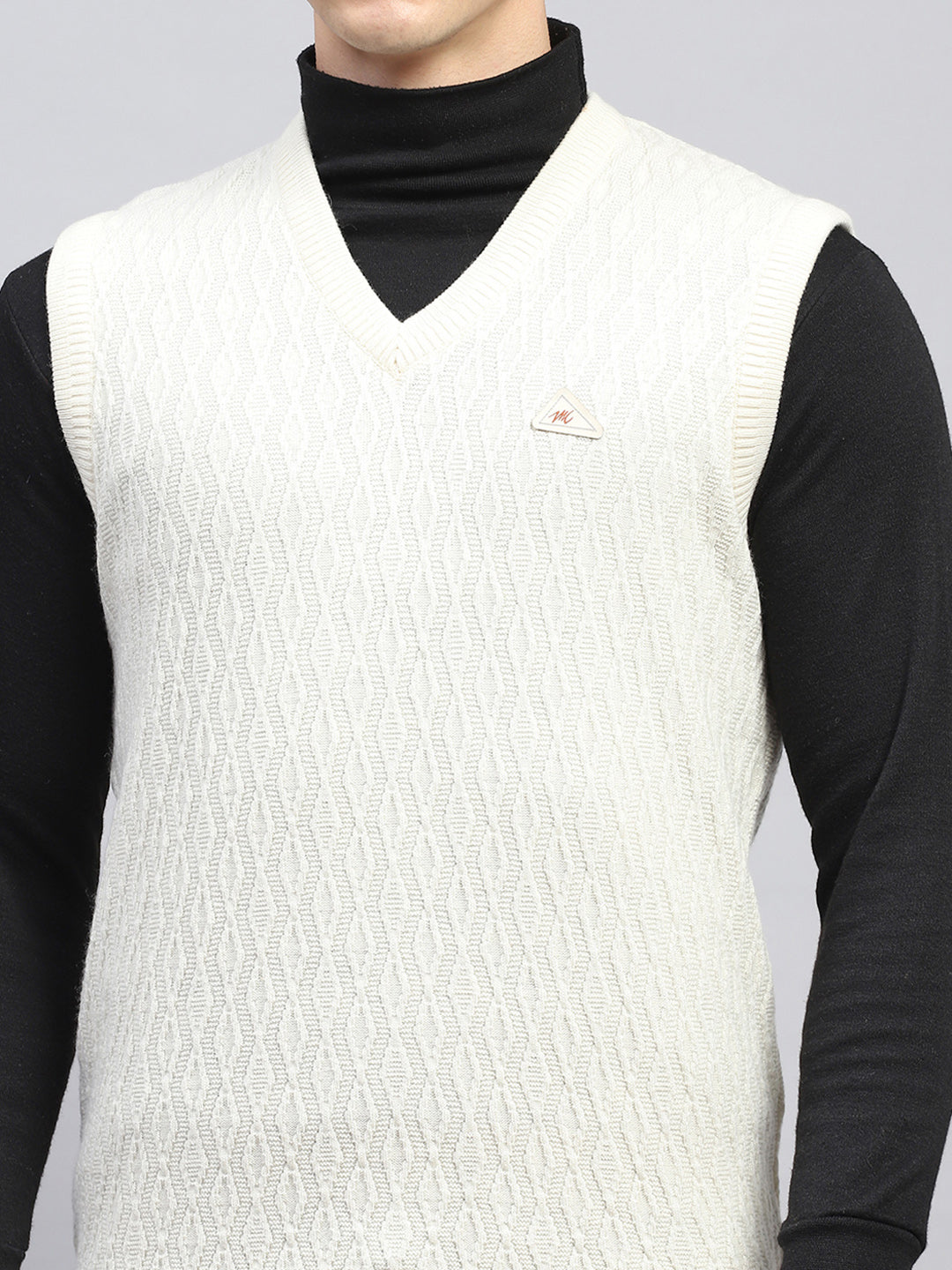 Men Off White Self Design V Neck Sleeveless Sweater