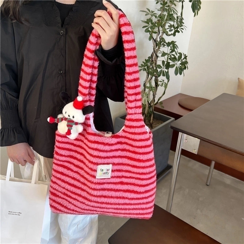 Women's Fleece Stripe Classic Style Square Magnetic Buckle Shoulder Bag
