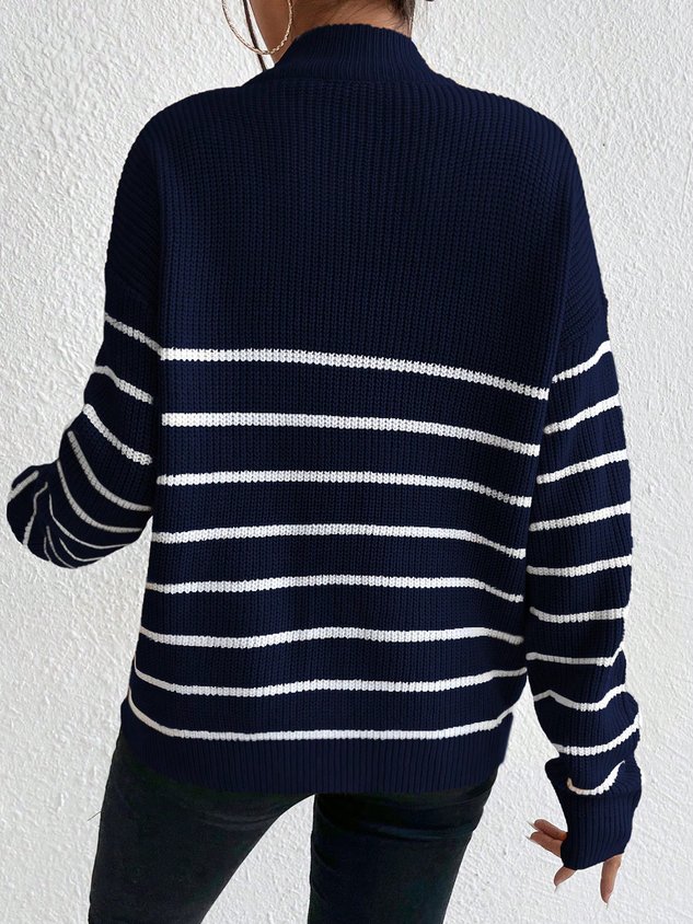 Casual Striped Zipper Shawl Collar Sweater