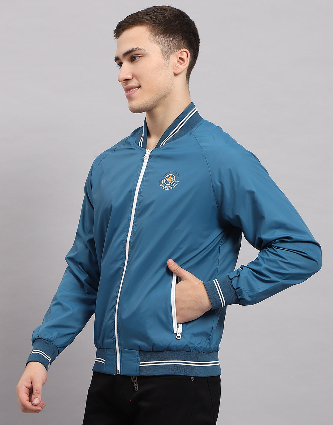 Men Blue Solid Mock Neck Full Sleeve Jacket