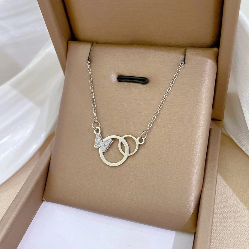 Minimalist Circle Letter Butterfly Titanium Steel Plating Inlay Rhinestones Necklace