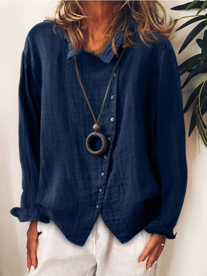 Ladies cotton and linen loose solid color temperament shirt