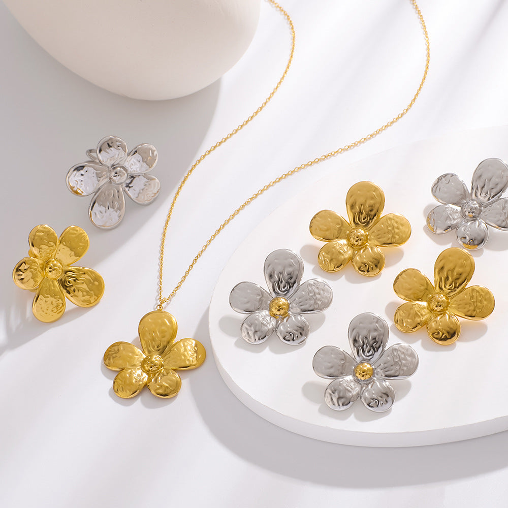 Multicolor Flower Jewelry Set Stainless Steel 18K Real Gold Pleated Women'S Necklace Earrings Ring