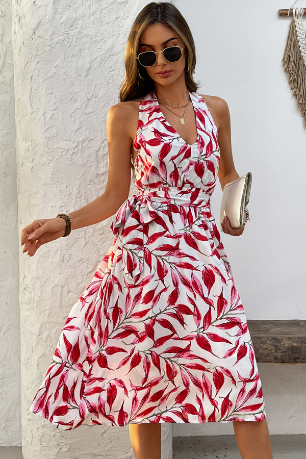 Fashion V Neck Tie Waist Midi Dress