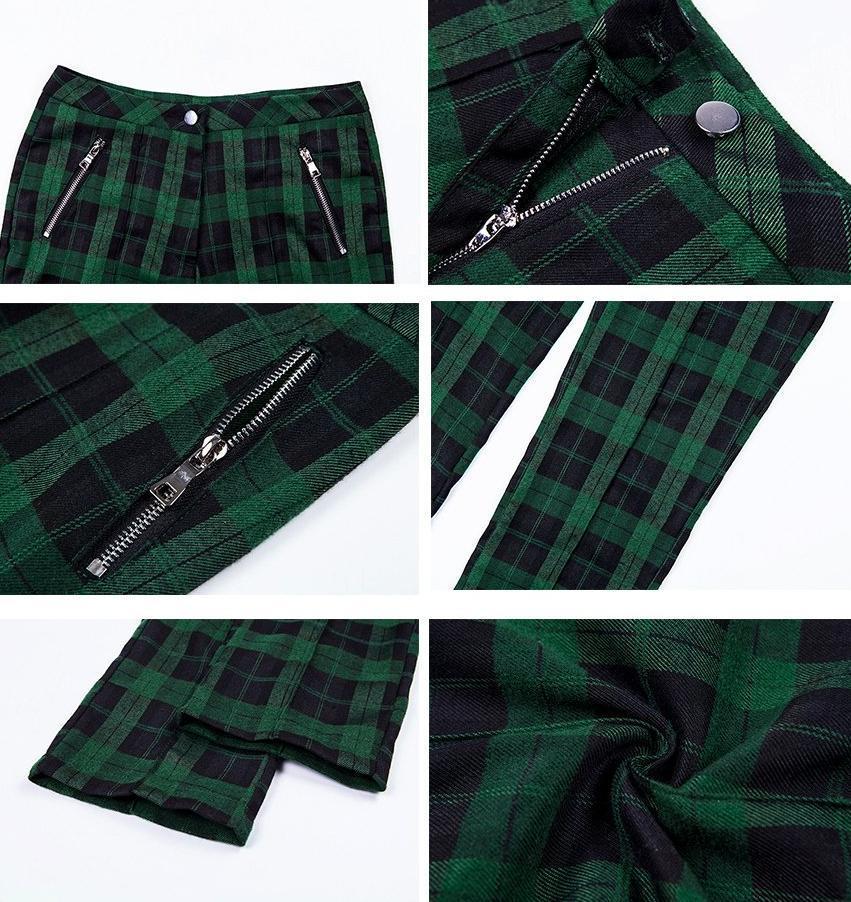 Green Plaid Trousers With Zipper Pockets
