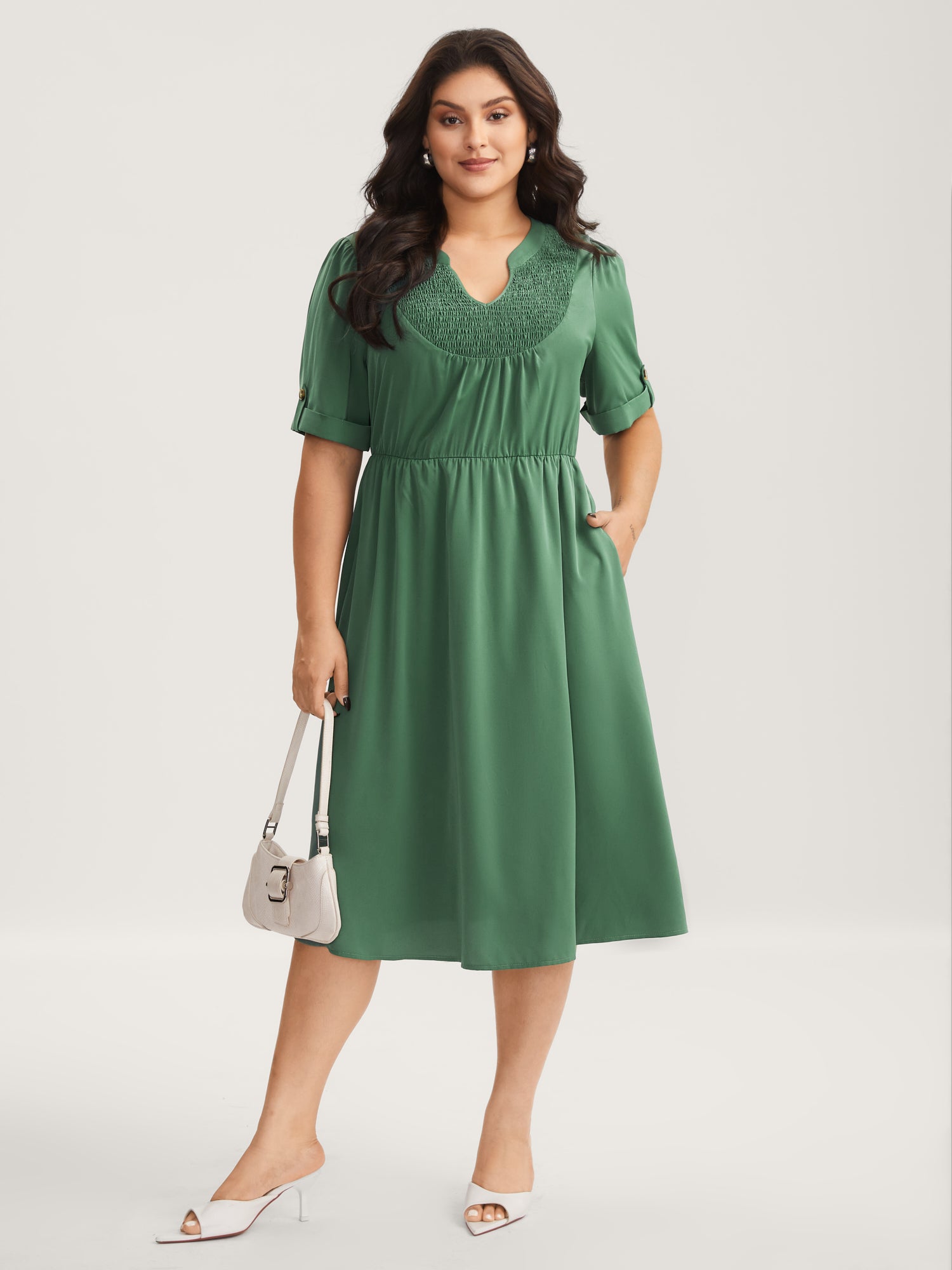 Shirred Neck Stretchy Waist Pockets Midi Dress