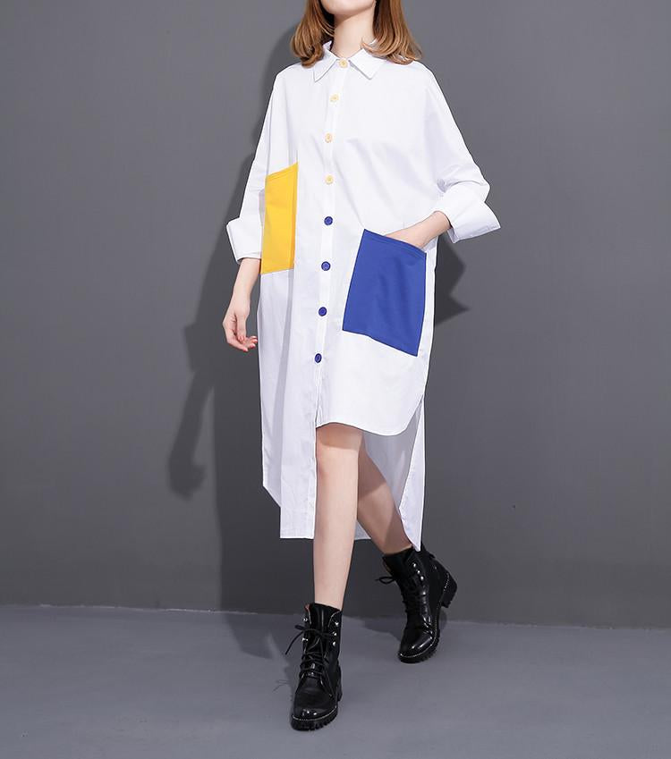 Asymmetrical Yellow And Blue Button Up Shirt Dress