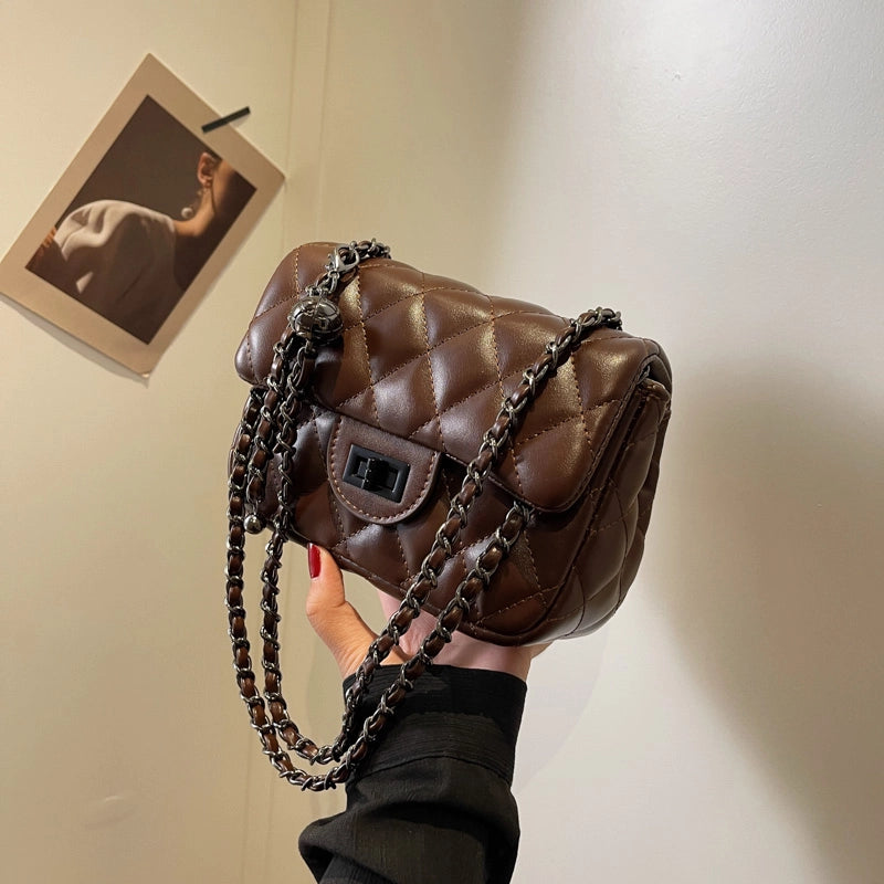 Women's Pu Leather Solid Color Classic Style Sewing Thread Square Lock Clasp Shoulder Bag Crossbody Bag