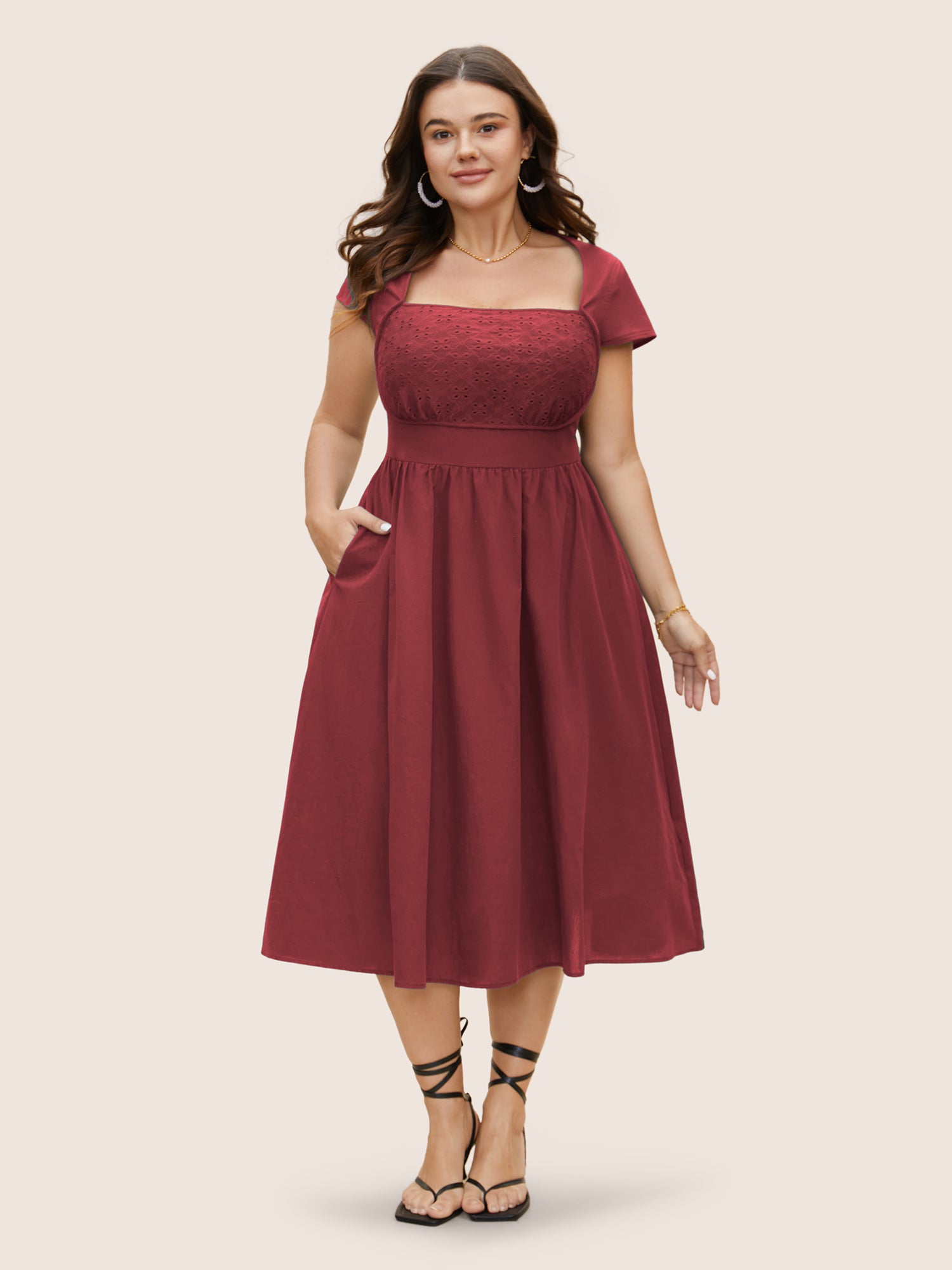 Solid Broderie Anglaise Shirred Tucked Seam Dress