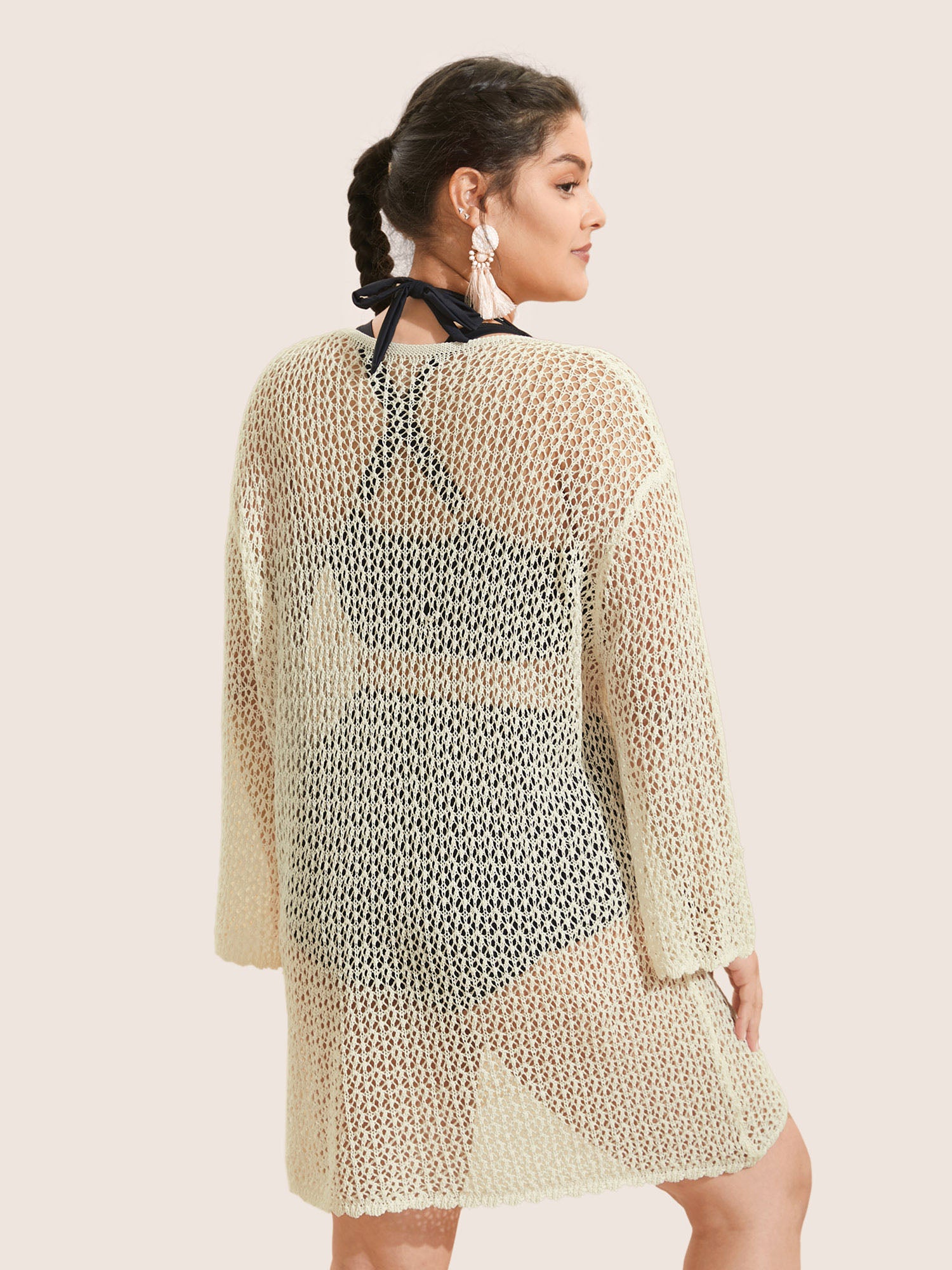 Plain Textur Pointelle Knit Bell Sleeve Swim Cover Up