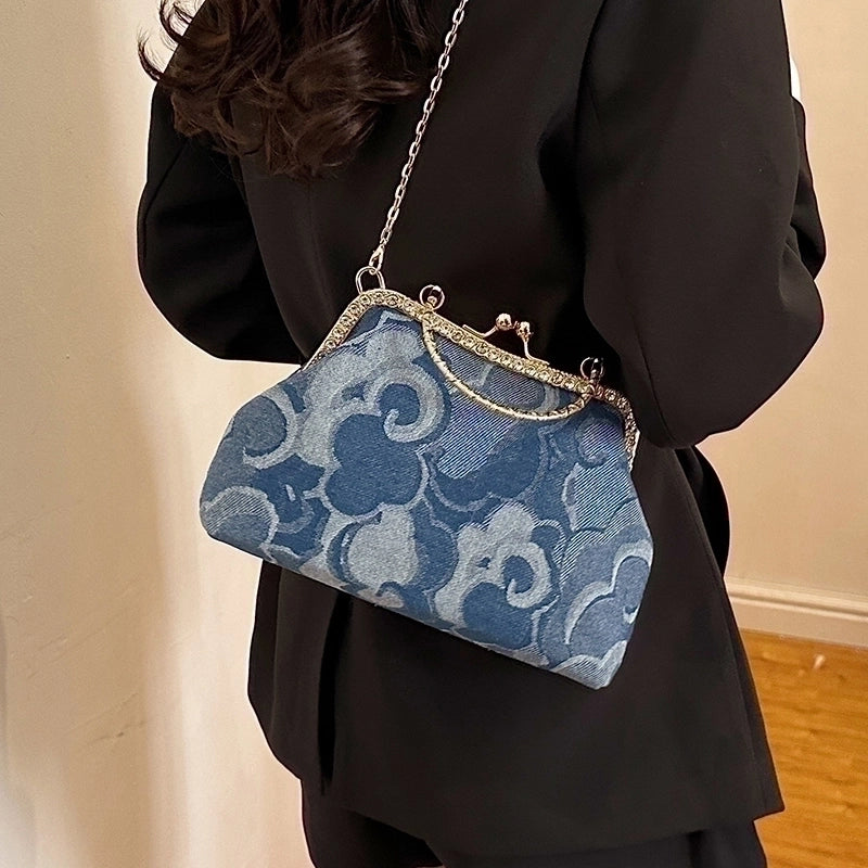 Women's Denim Flower Classic Style Sewing Thread Shell Clasp Frame Handbag