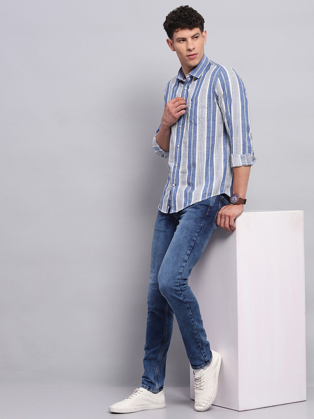 Men Blue Stripe Collar Full Sleeve Shirt