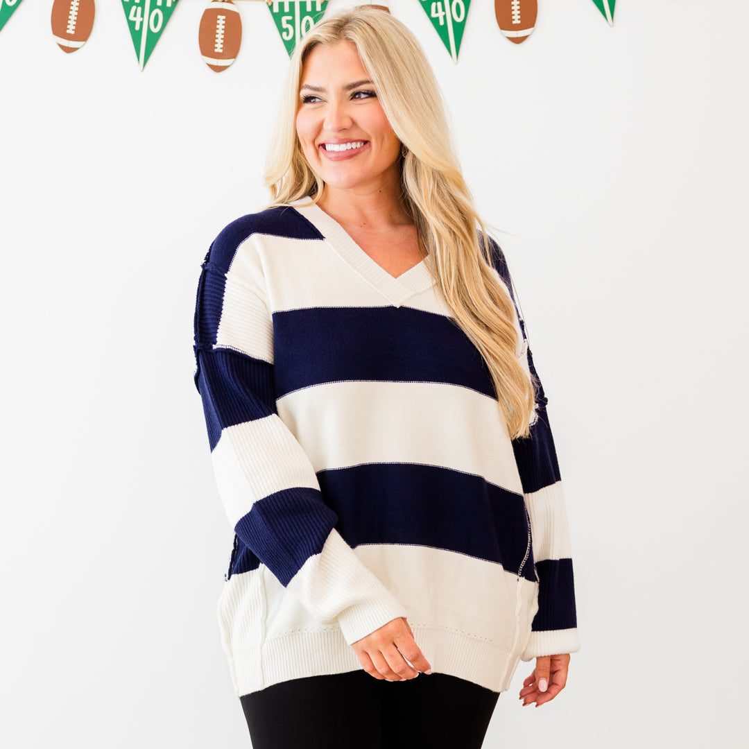 Lineage Cozy Striped Sweater. Navy-Ivory