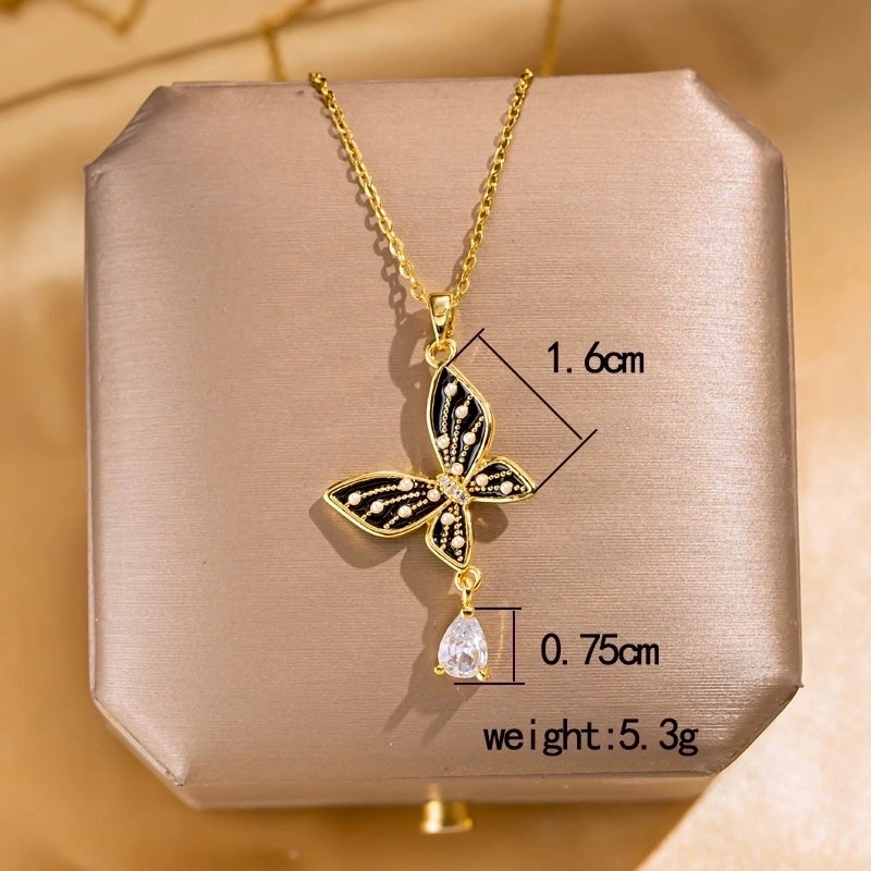 Elegant Lady Streetwear Geometric Flower Butterfly 304 Stainless Steel Acrylic Zircon 18K Gold Plated Inlay Pendant Necklace
