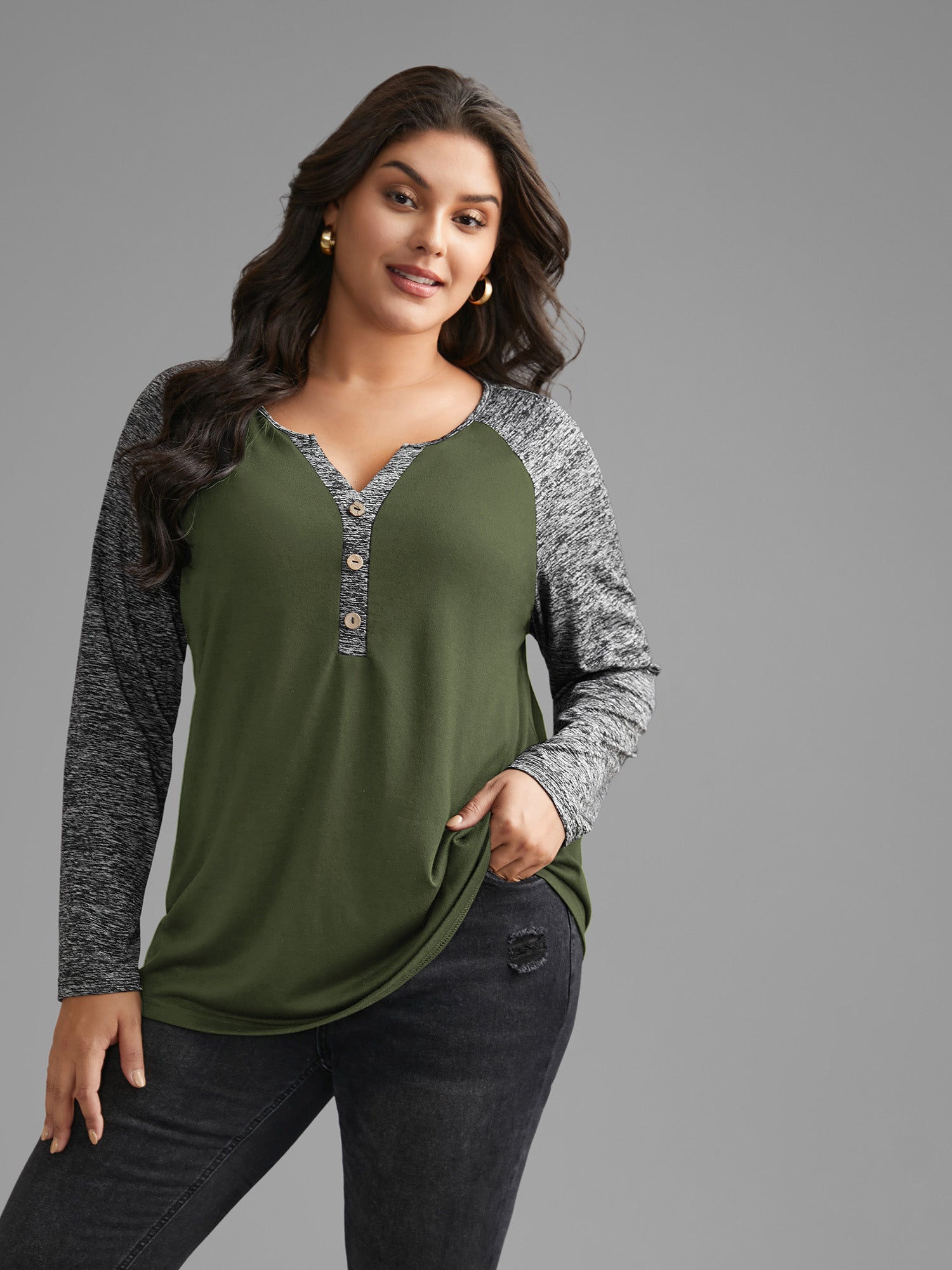 Heather Patchwork Button Detail Stretchy T-Shirt