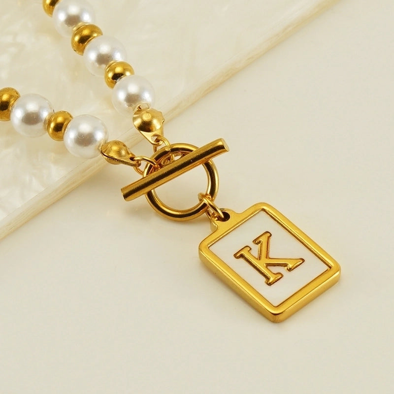 Stainless Steel 18K Gold Plated Elegant French Style Pearl Plating Inlay Letter Shell Pendant Necklace