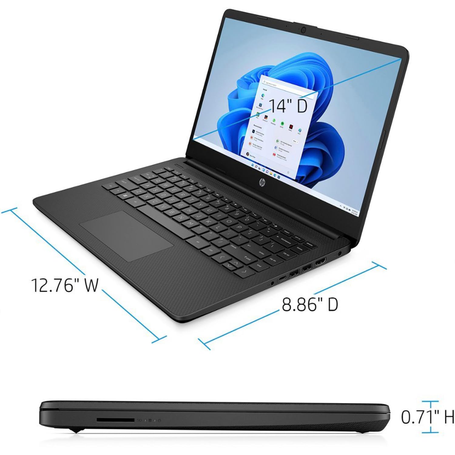 HP Essential Laptop, visualización HD de 14 pulgadas, Intel Celeron N4120, 8 GB DDR4 RAM, 64 GB eMMC, cámara web, tipo C, lector de tarjetas SD, HDMI, Wi-Fi, Windows 11 Home, negro, accesorios KKE