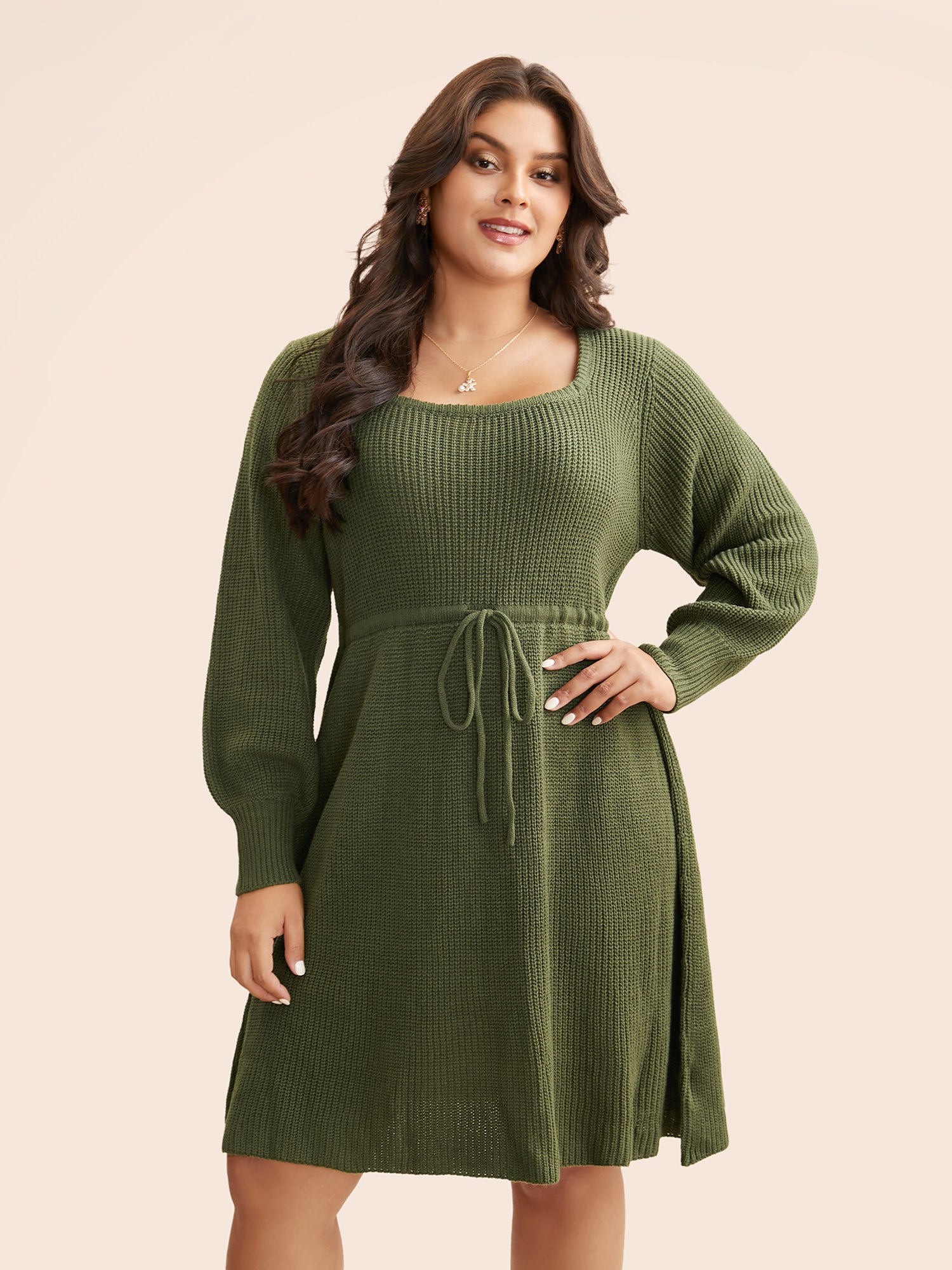 Square Neckline Waist-Tie Midi Sweater Dress