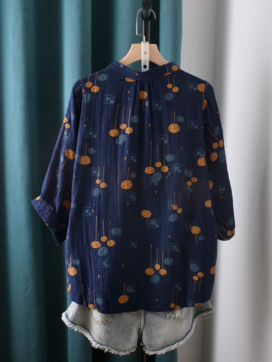 Women Summer Casual Print Stand Collar Cotton Shirt