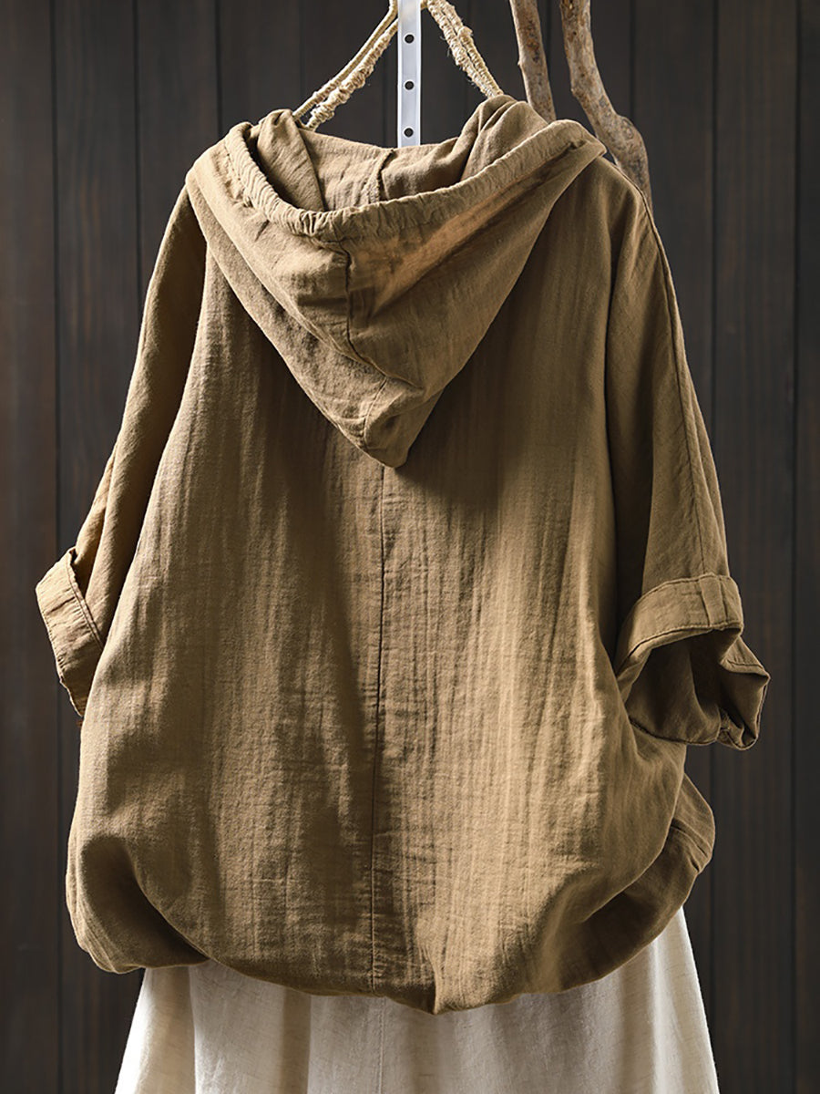 Plus Size Women Spring 100%Cotton Pure Color Hooded Shirt