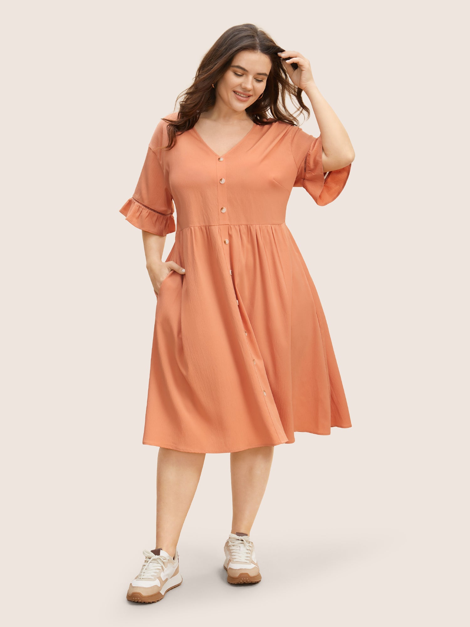 Solid Button Detail Cut Out Ruffle Sleeve Dress