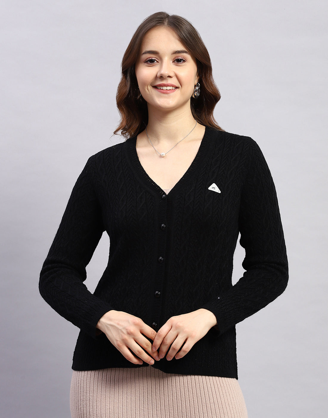 Women Black Self Design V Neck Full Sleeve Cardigan