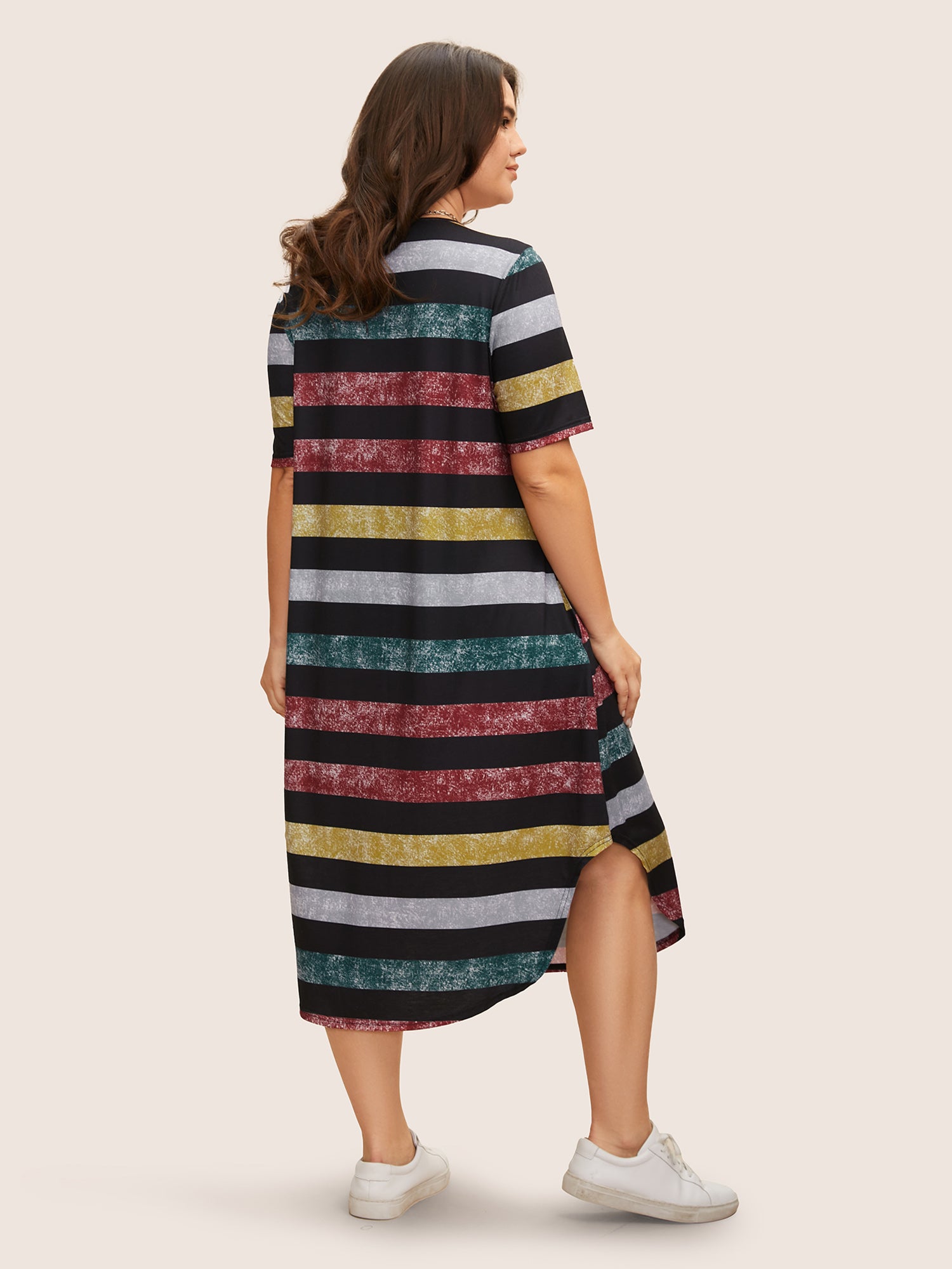 Striped Contrast Arc Hem V Neck Pocket Dress