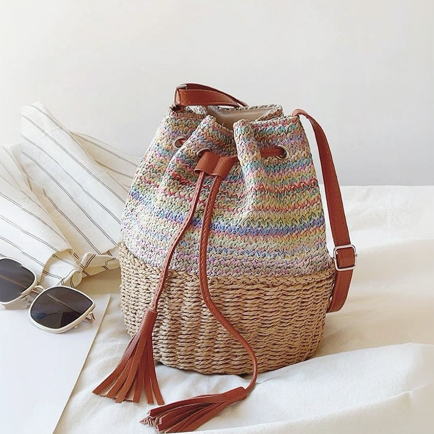 Bohemian Woven Straw Bucket Bag