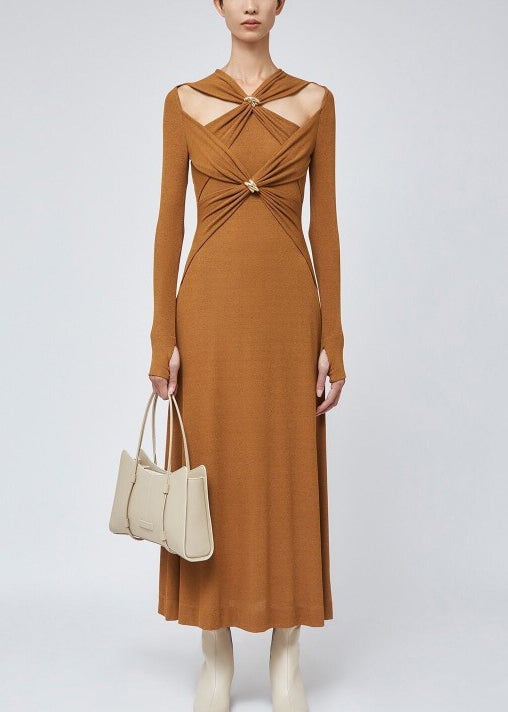 Slim Fit White Hollow Out Solid Knitting Cotton Long Dresses Fall