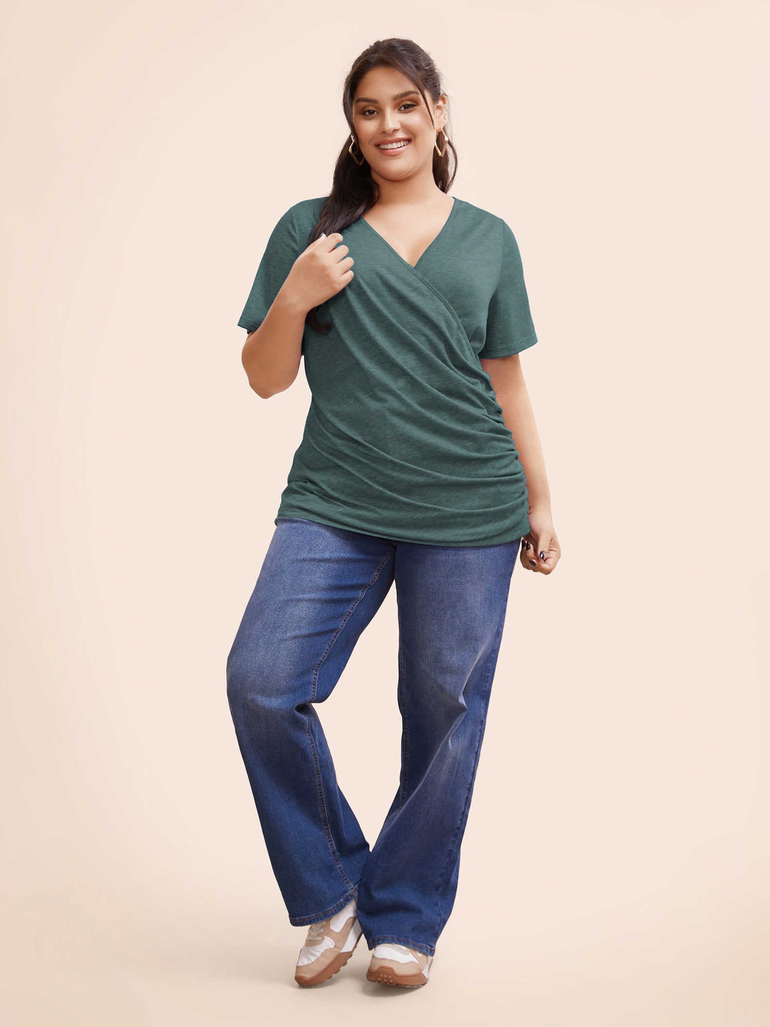 Solid Heather Overlap Collar Gathered T-shirt
