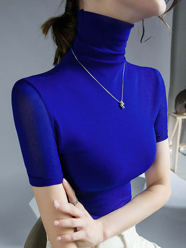 Half Sleeves Skinny Solid Color High Neck T-Shirts Tops