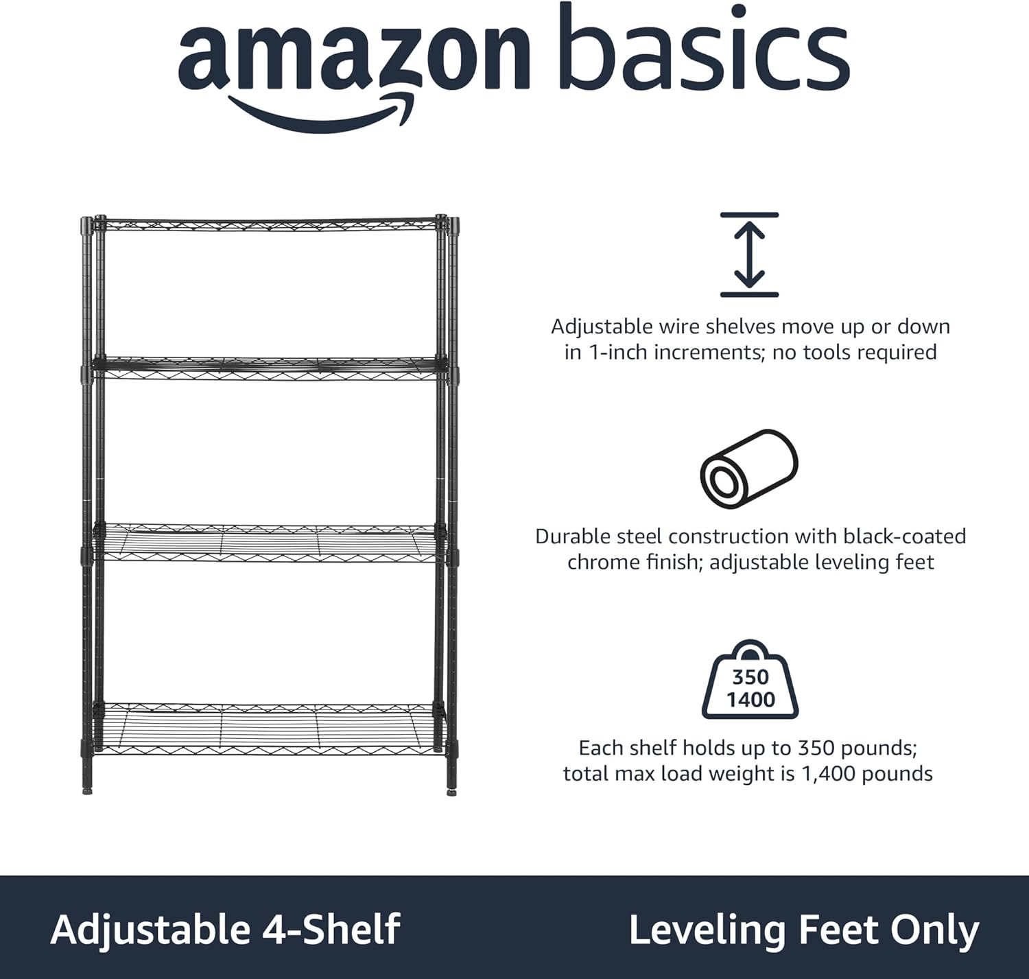 Amazon Basics 5-Shelf Adjustable Heavy Duty Steel Wire Rack Storage Shelving Organizer for Kitchen, Garage, 36