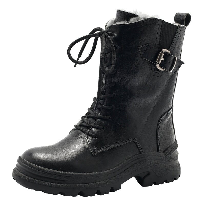 Leather Combat Boots Designer Retro Chunky Riding Boots in Coffee/Black Have Shearling Lined Choice