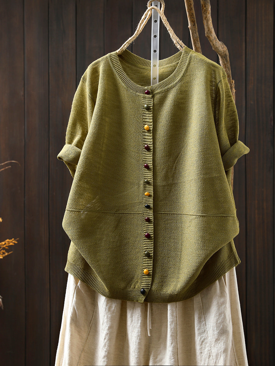 Women Summer Casual Colorful Button Knitted O-Neck Shirt