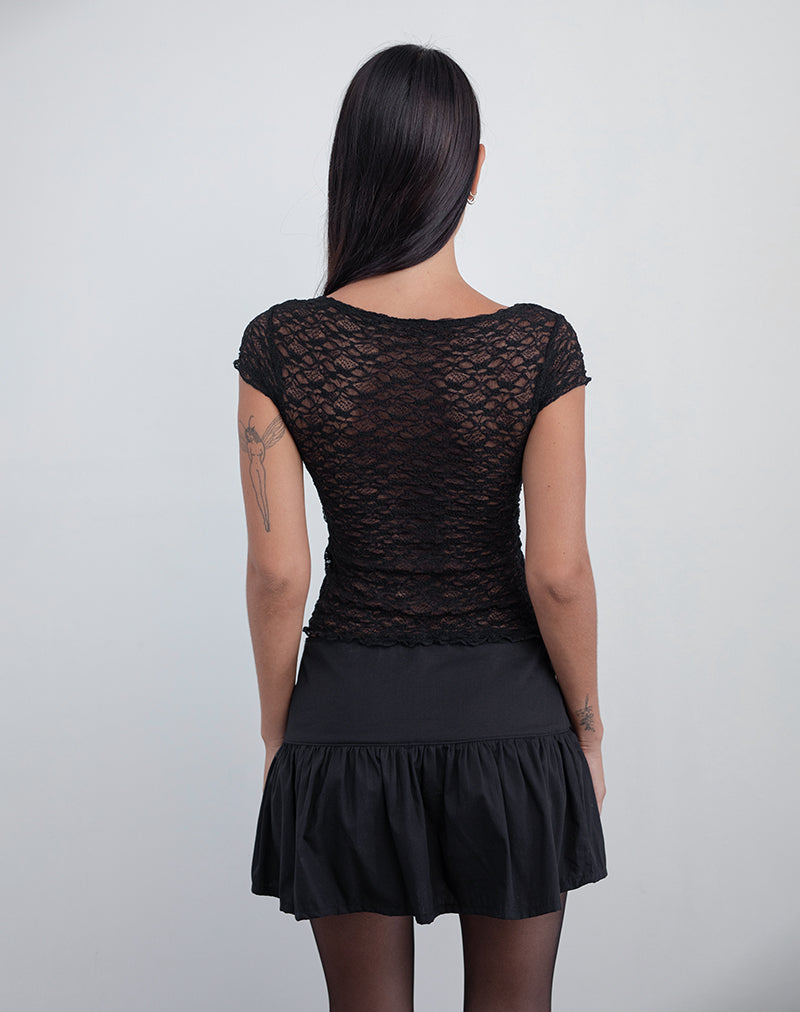 Sherine Lace Top in Black with Pink Ribbon