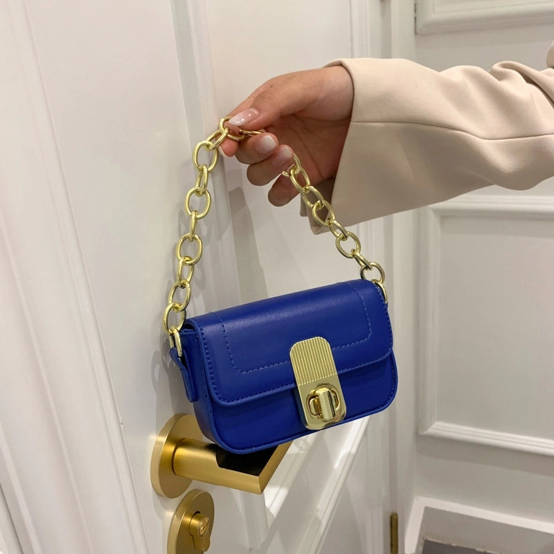 Women's Small Pu Leather Solid Color Basic Chain Square Lock Clasp Crossbody Bag