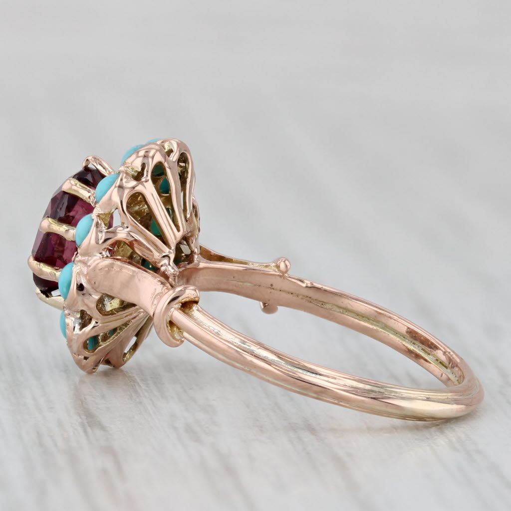Vintage Rhodolite Garnet Turquoise Halo Ring 12k Rose Gold Size 5