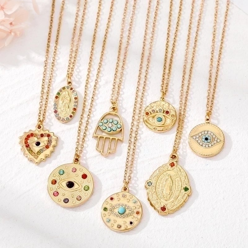 2 Pieces Ethnic Style Devil'S Eye  Heart Shape Stainless Steel Turquoise Rhinestones Inlay Pendant Necklace