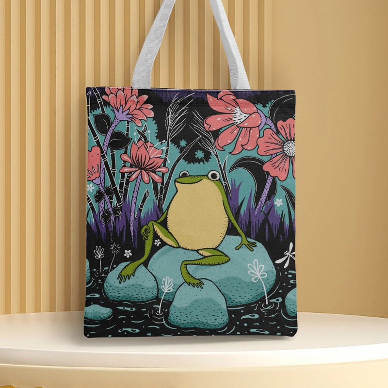 Women's Canvas Cartoon Frog Basic Classic Style Square Open Canvas Bag