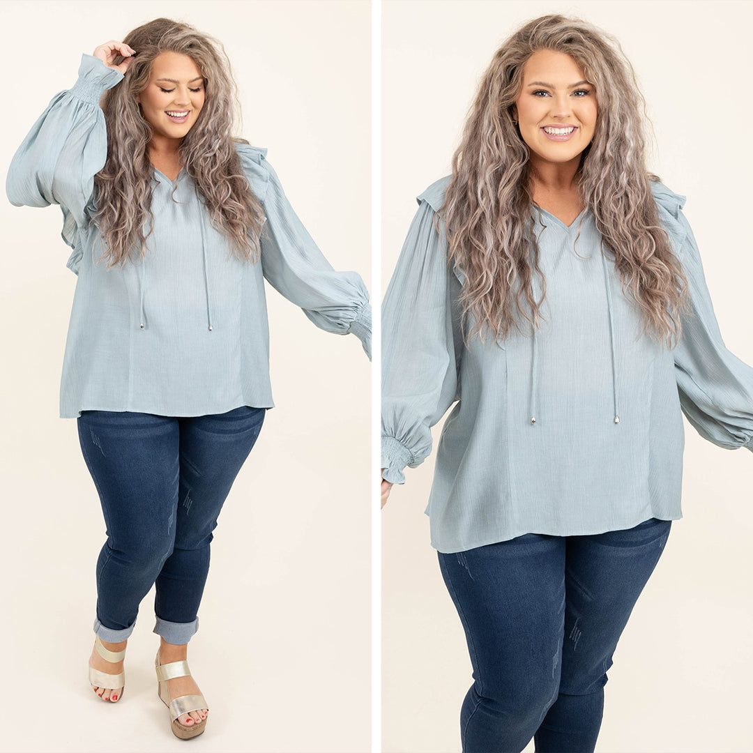 To The Moon For You Blouse. Dusty Blue