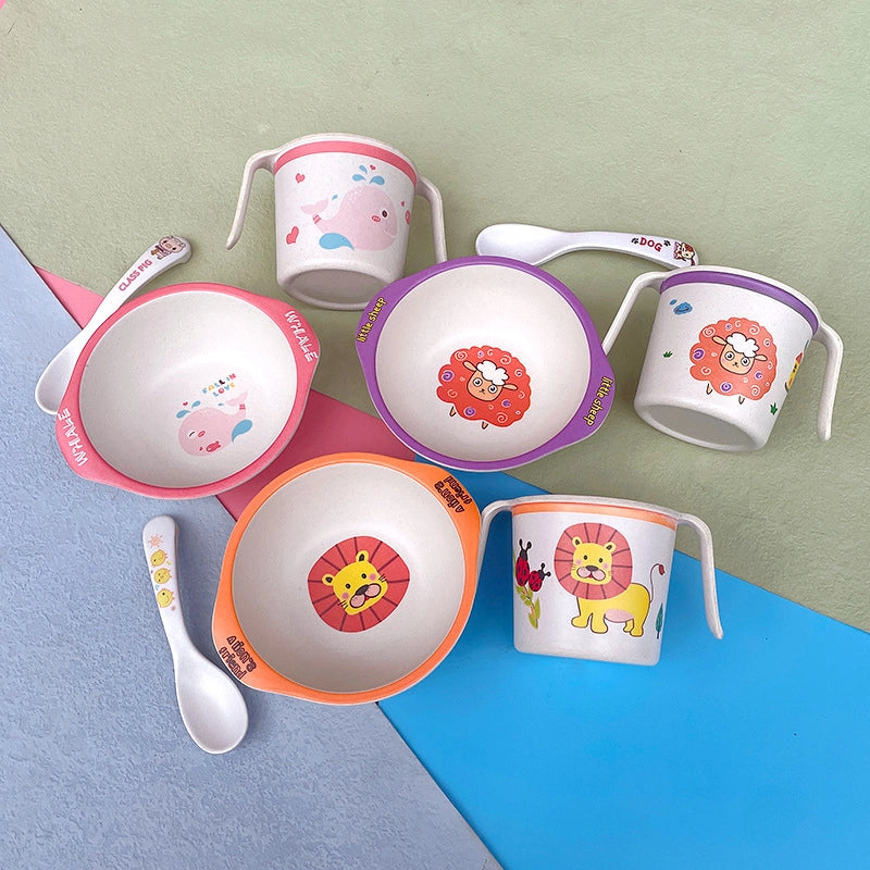 Cute Cartoon Bamboo Fiber Children Bowl Spoon Suit Household Baby Solid Food Bowl Kindergarten Children's Binaural Water Cup