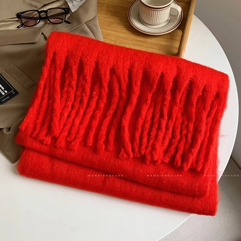Solid Color Mohair Scarf For Women Autumn And Winter New Scarf  High-grade Thick Warm Shawl