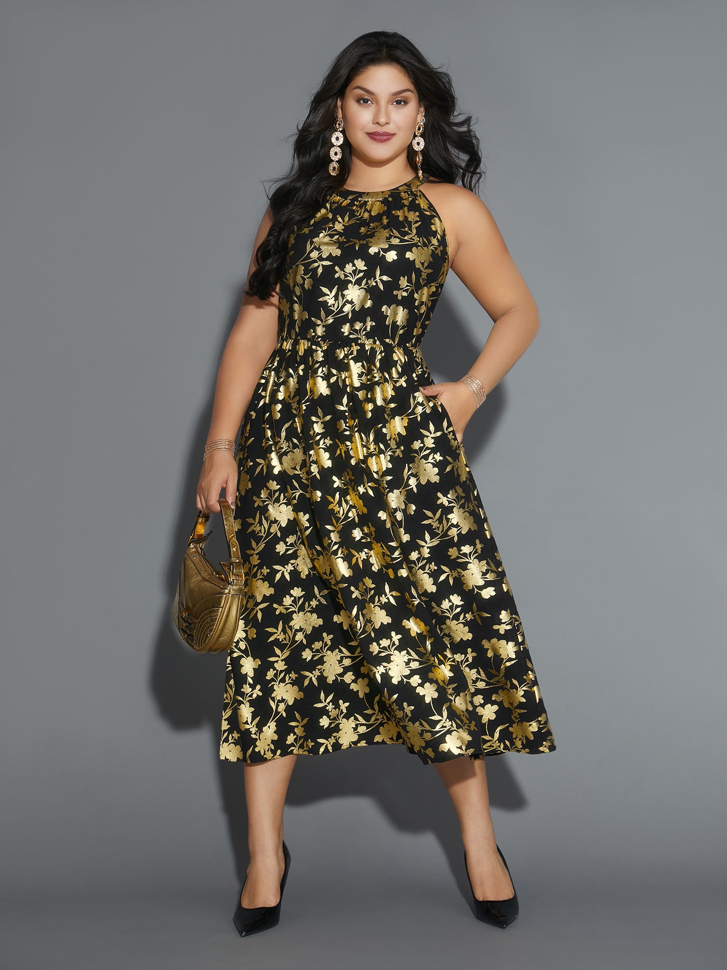 Glitter Silhouette Floral Print Sleeveless Dress