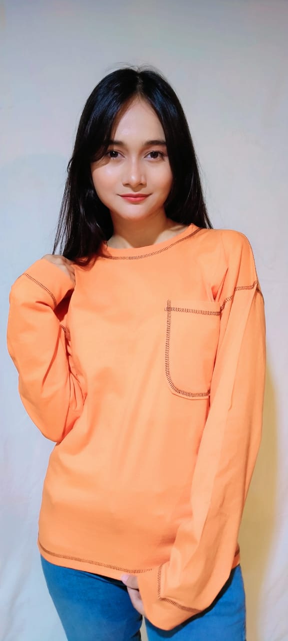 DROP SHOULDER T-SHIRTS TOP-STITCHING POCKET PATCHED TEE-ORANGE