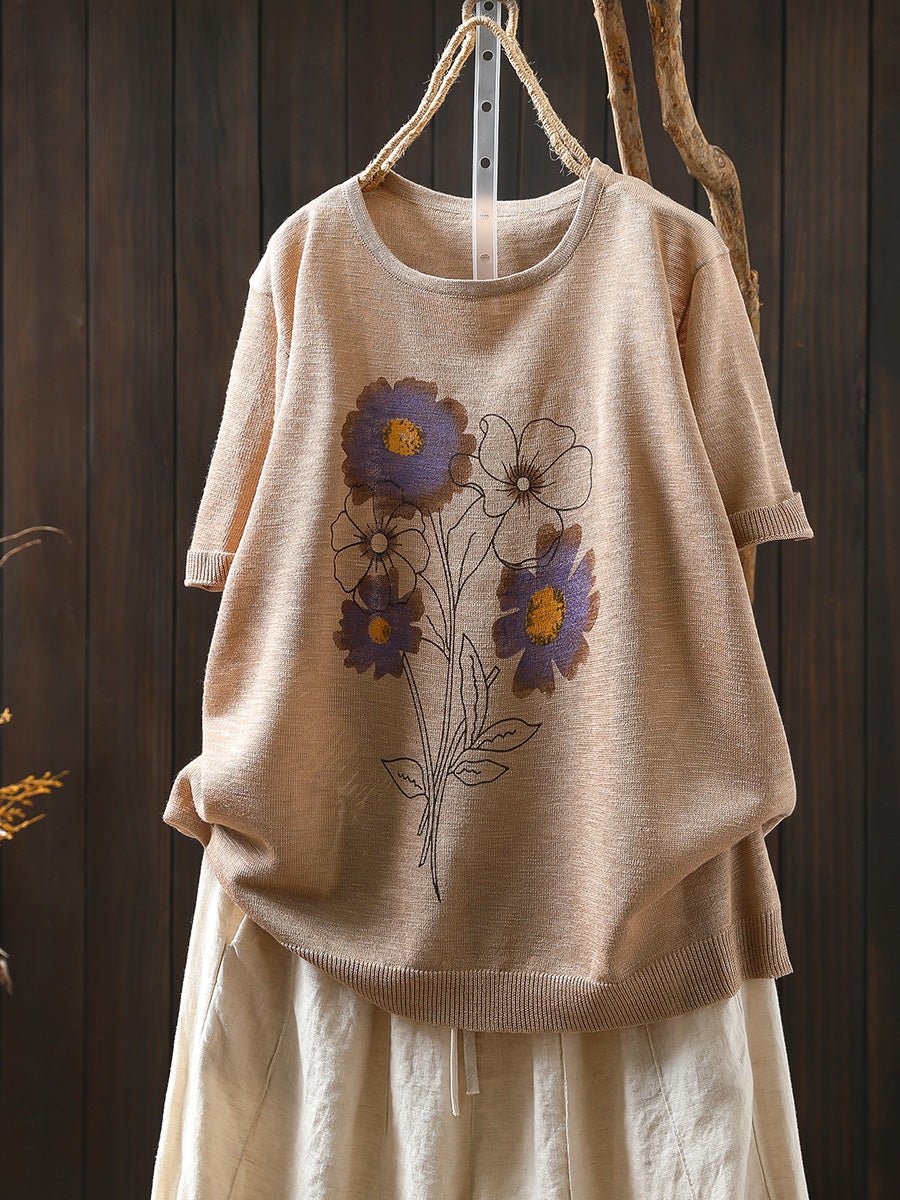 Women Summer Artsy Flower Knitted Linen Cotton Shirt