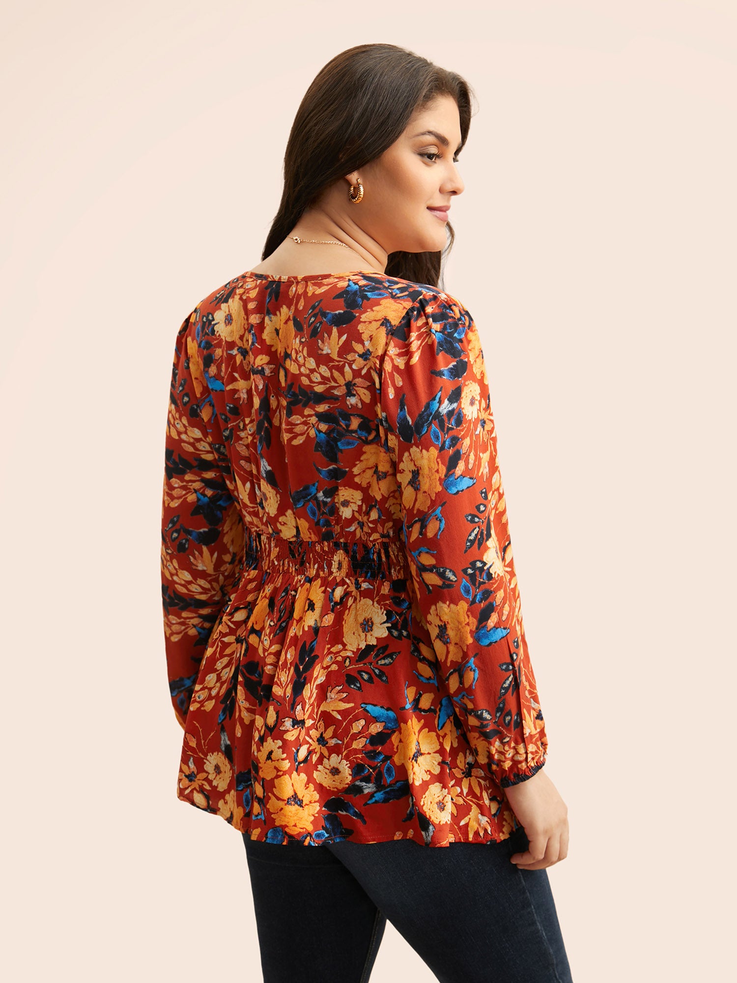 Floral Shirred Gathered Lantern Sleeve Blouse